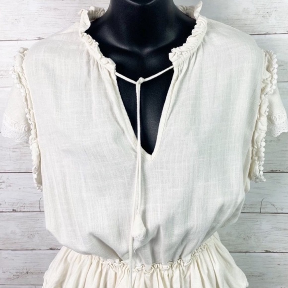 MISA Los Angeles Linen Popover Ruffle Tiered Mini Dress in Ivory Cream S - Picture 3 of 10